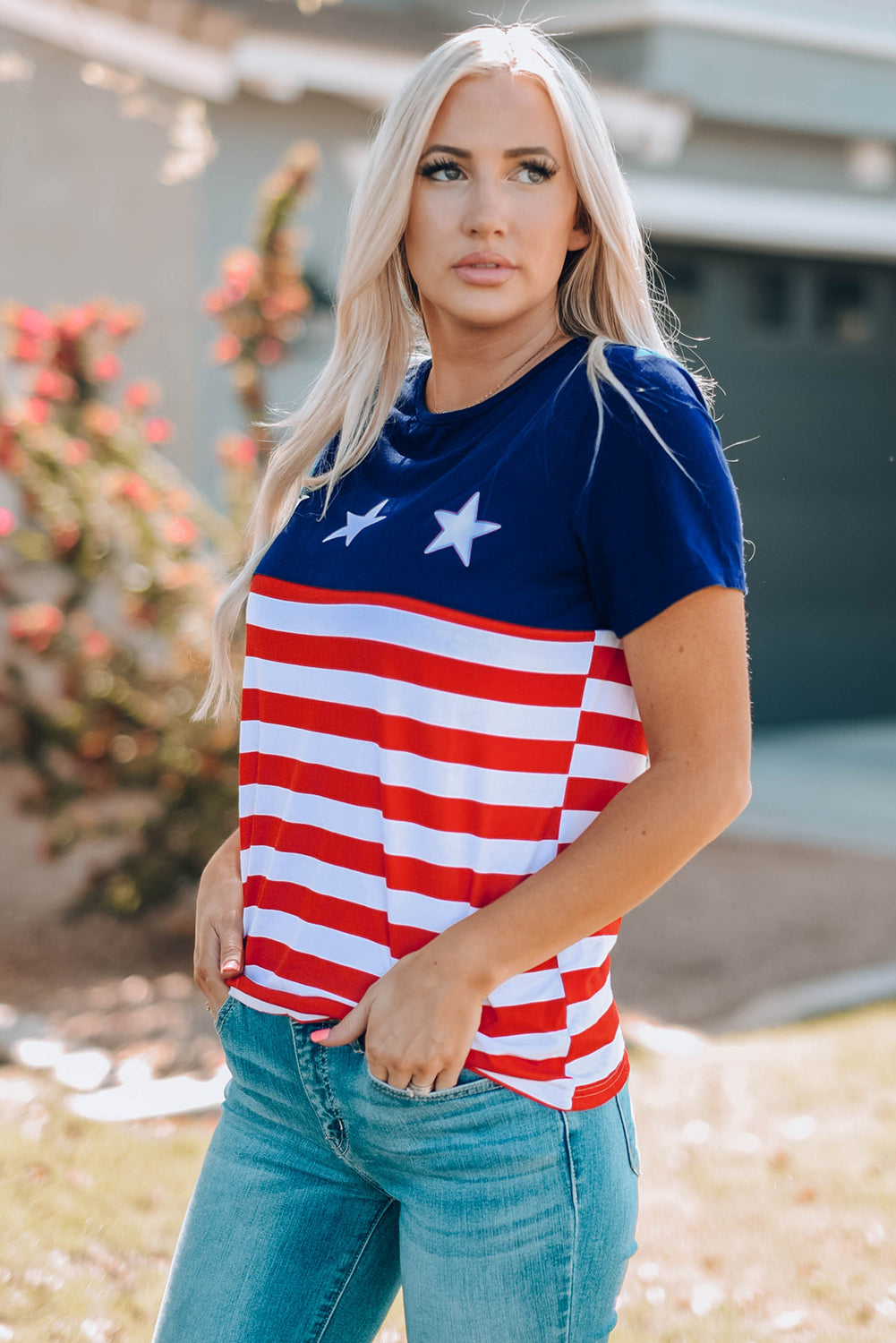 Women Stars and Stripes Round Neck T-Shirt