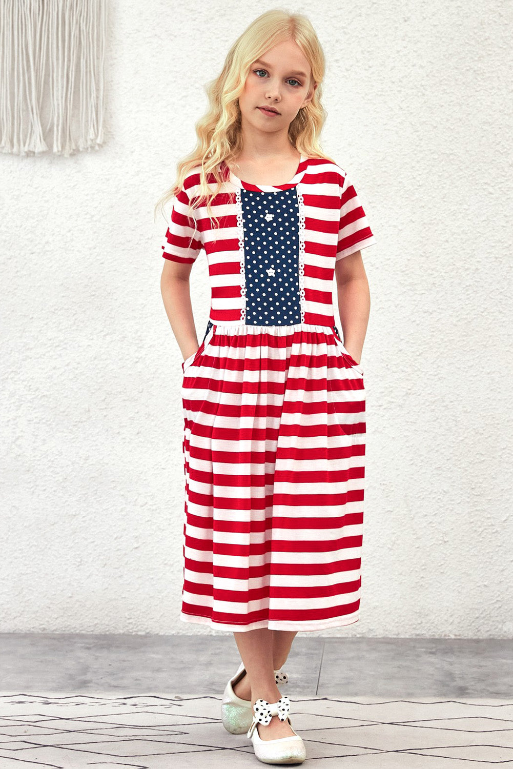 Girls Striped Lace Trim Short Sleeve Dress