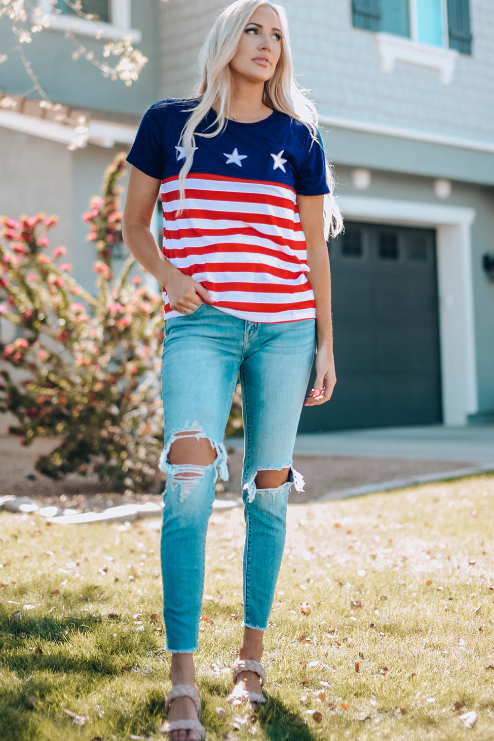 Women Stars and Stripes Round Neck T-Shirt