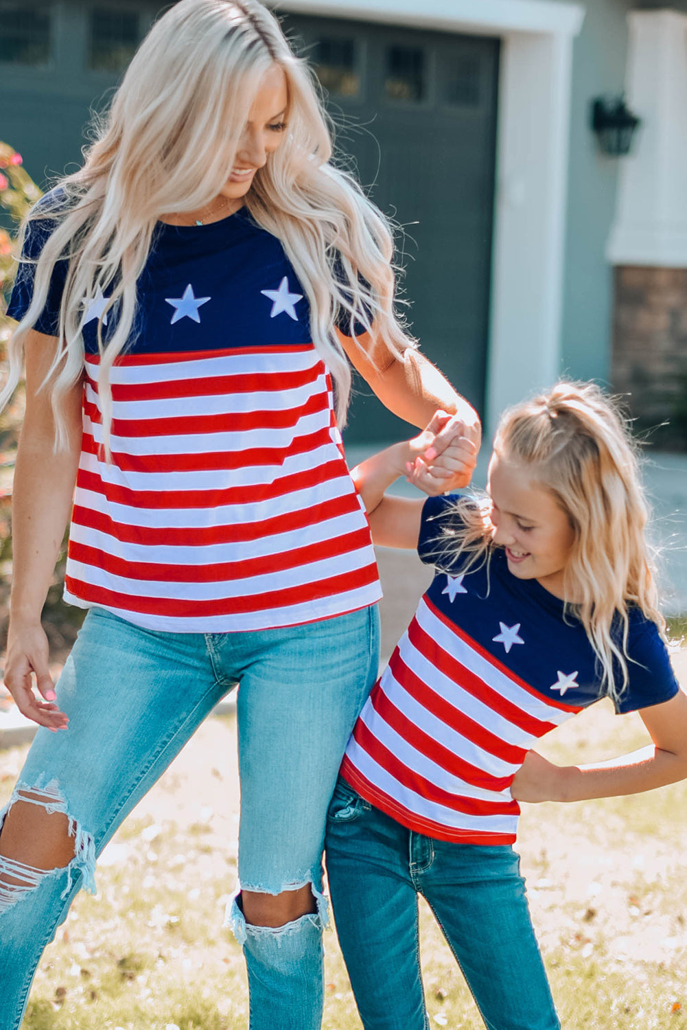 Women Stars and Stripes Round Neck T-Shirt