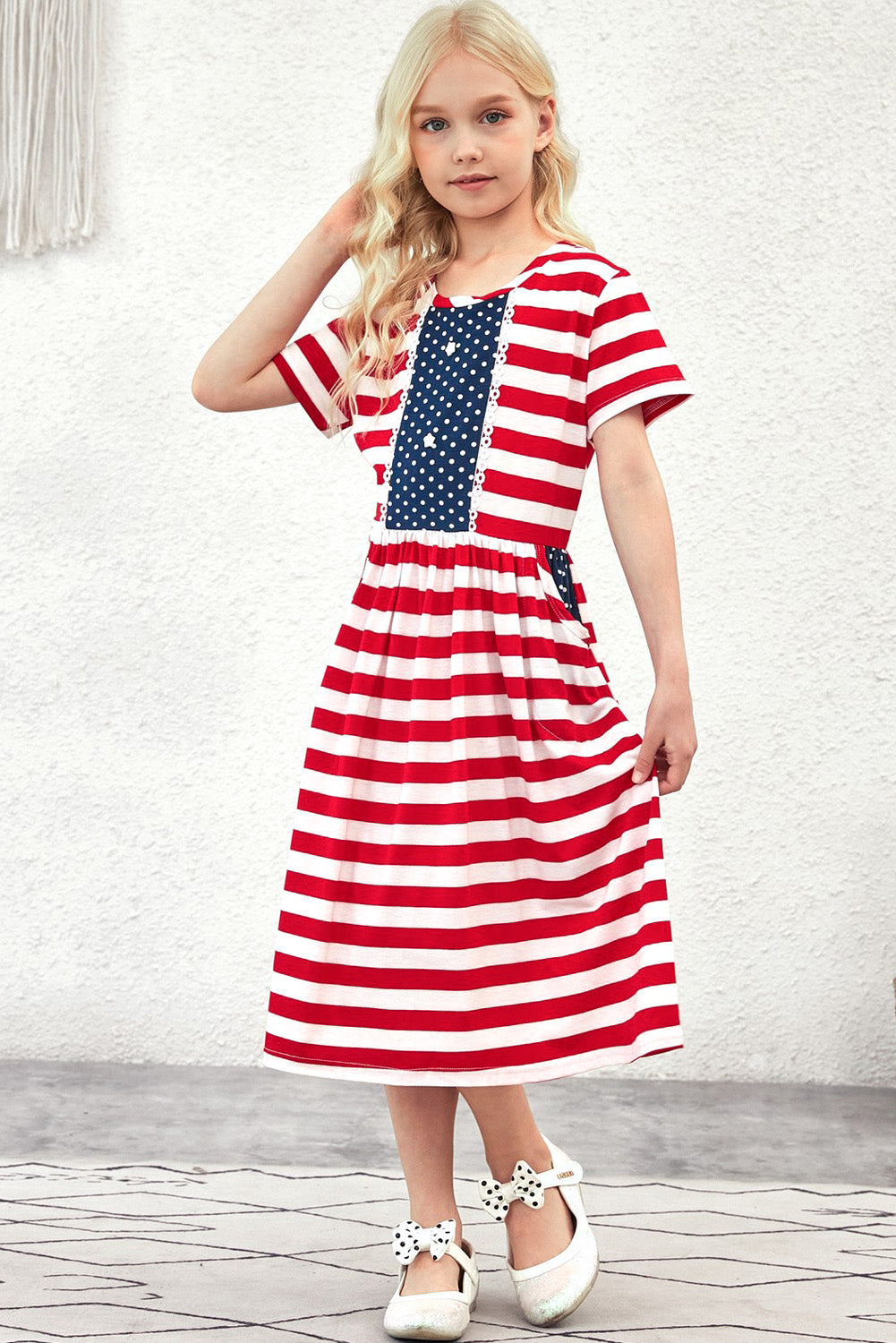 Girls Striped Lace Trim Short Sleeve Dress