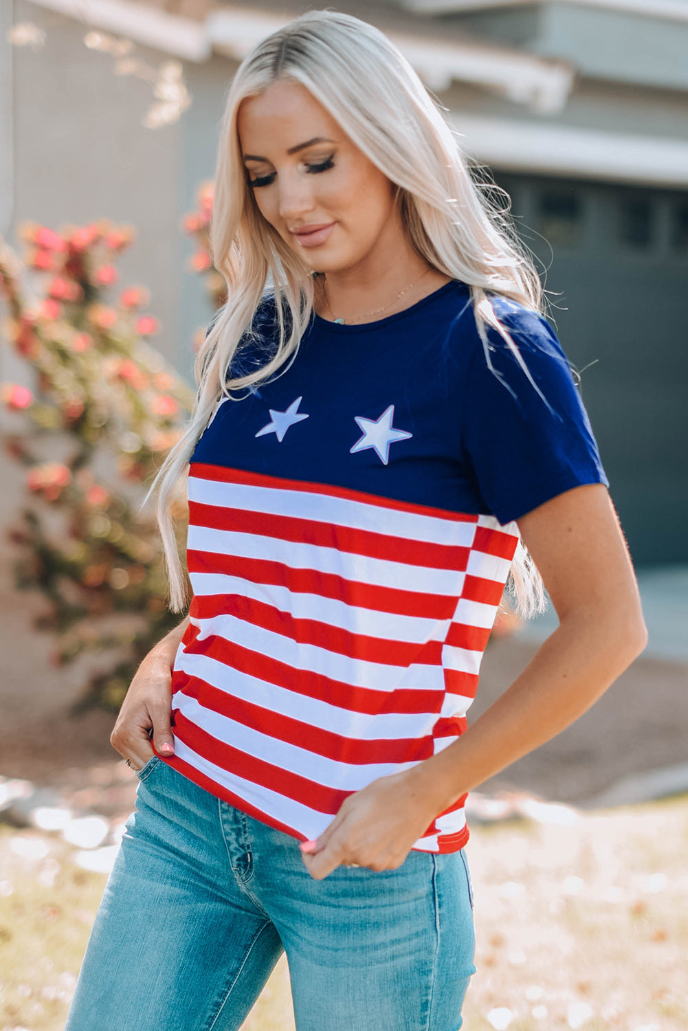 Women Stars and Stripes Round Neck T-Shirt