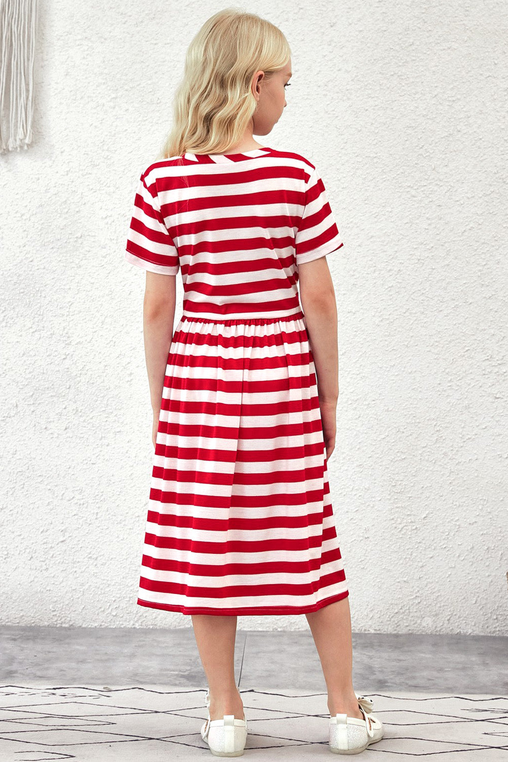 Girls Striped Lace Trim Short Sleeve Dress
