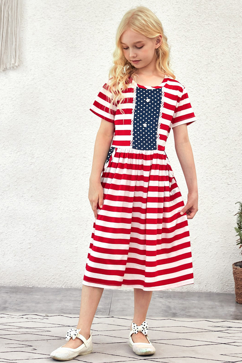 Girls Striped Lace Trim Short Sleeve Dress