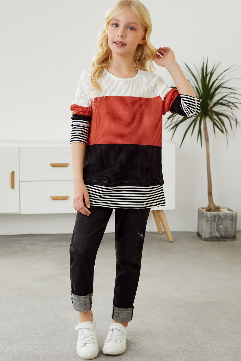 Kids Striped Color Block Waffle-Knit Long Sleeve Top