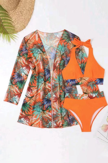 Printed Halter Neck Three-Piece Swim Set