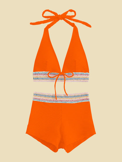 Backless Textured Halter Neck Two-Piece Swim Set