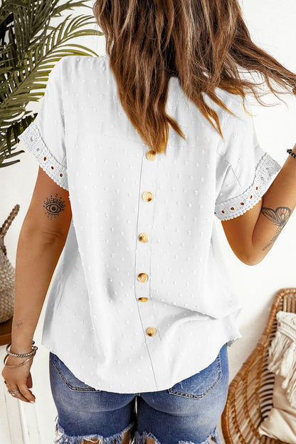 Swiss Dot Decorative Button Short Sleeve Blouse