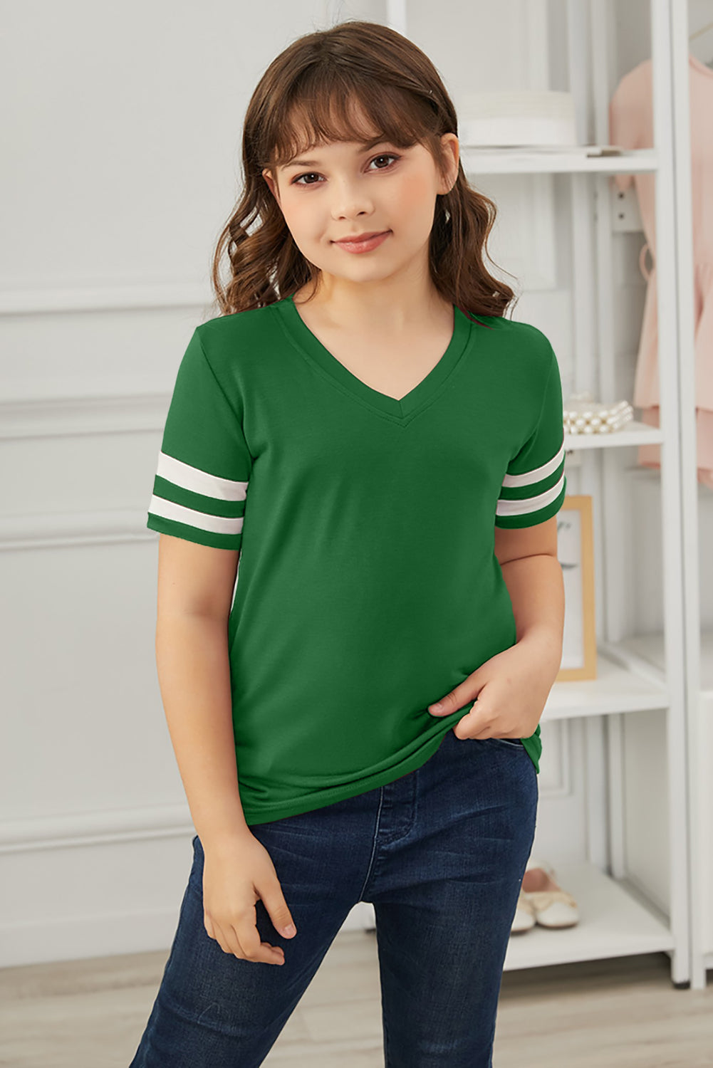 Girls Striped V-Neck Tee Shirt