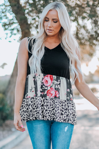 Leopard Floral Color Block V-Neck Tank Top