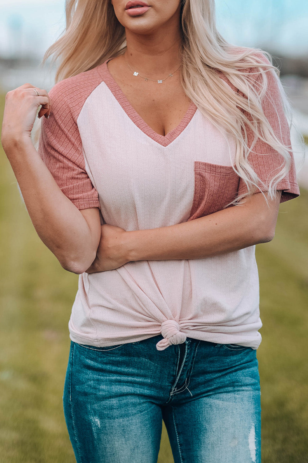 Two-Tone Raglan Sleeve V-Neck Tee