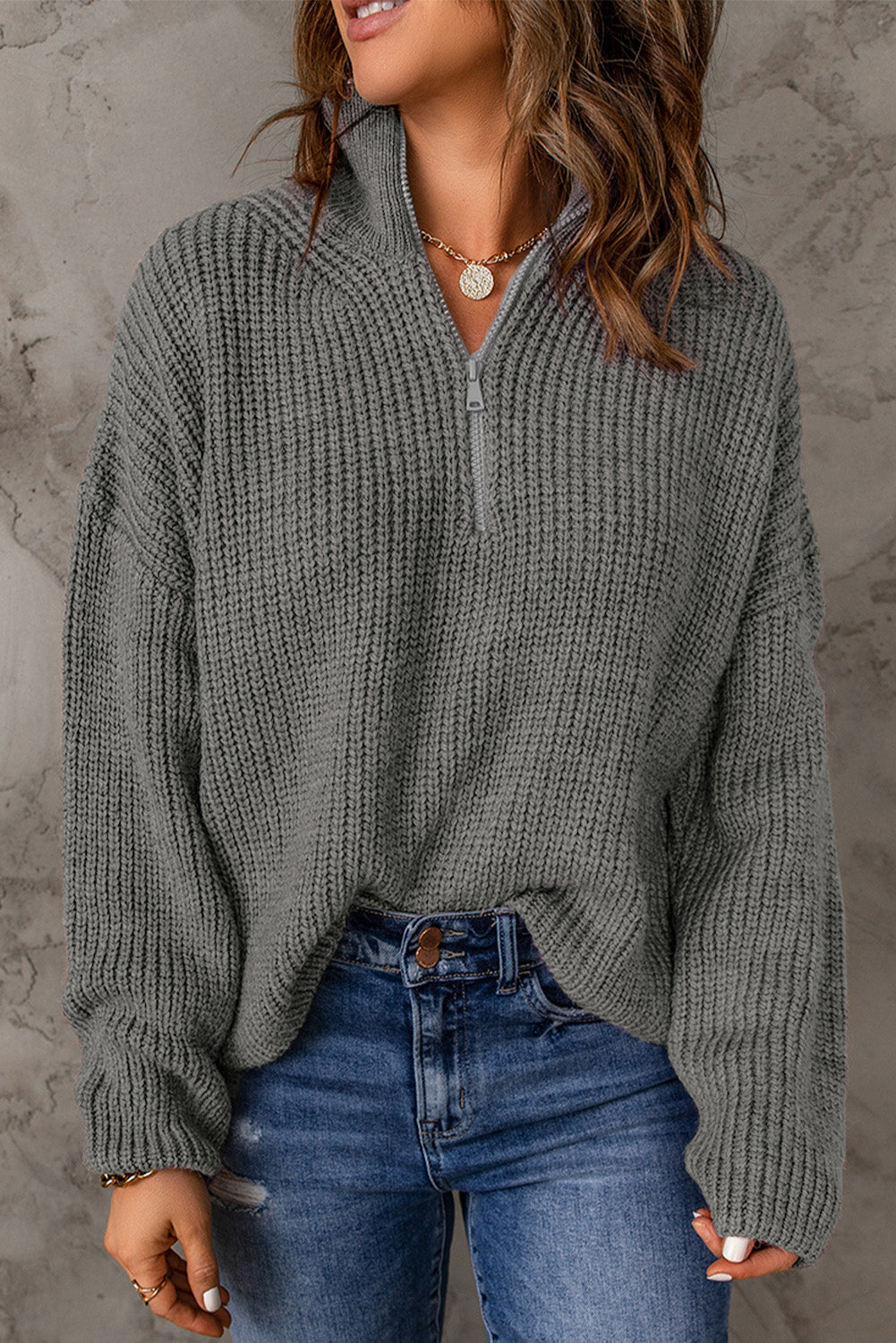 Half Zip Rib-Knit Dropped Shoulder Sweater