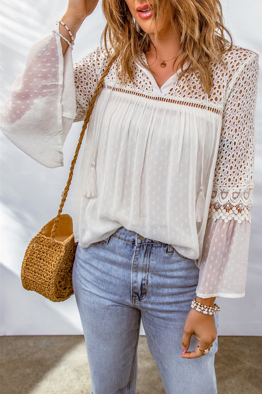 Eyelet Tassel Tie Flare Sleeve Blouse