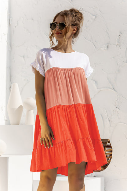 Color Block Round Neck Ruffle Hem Dress