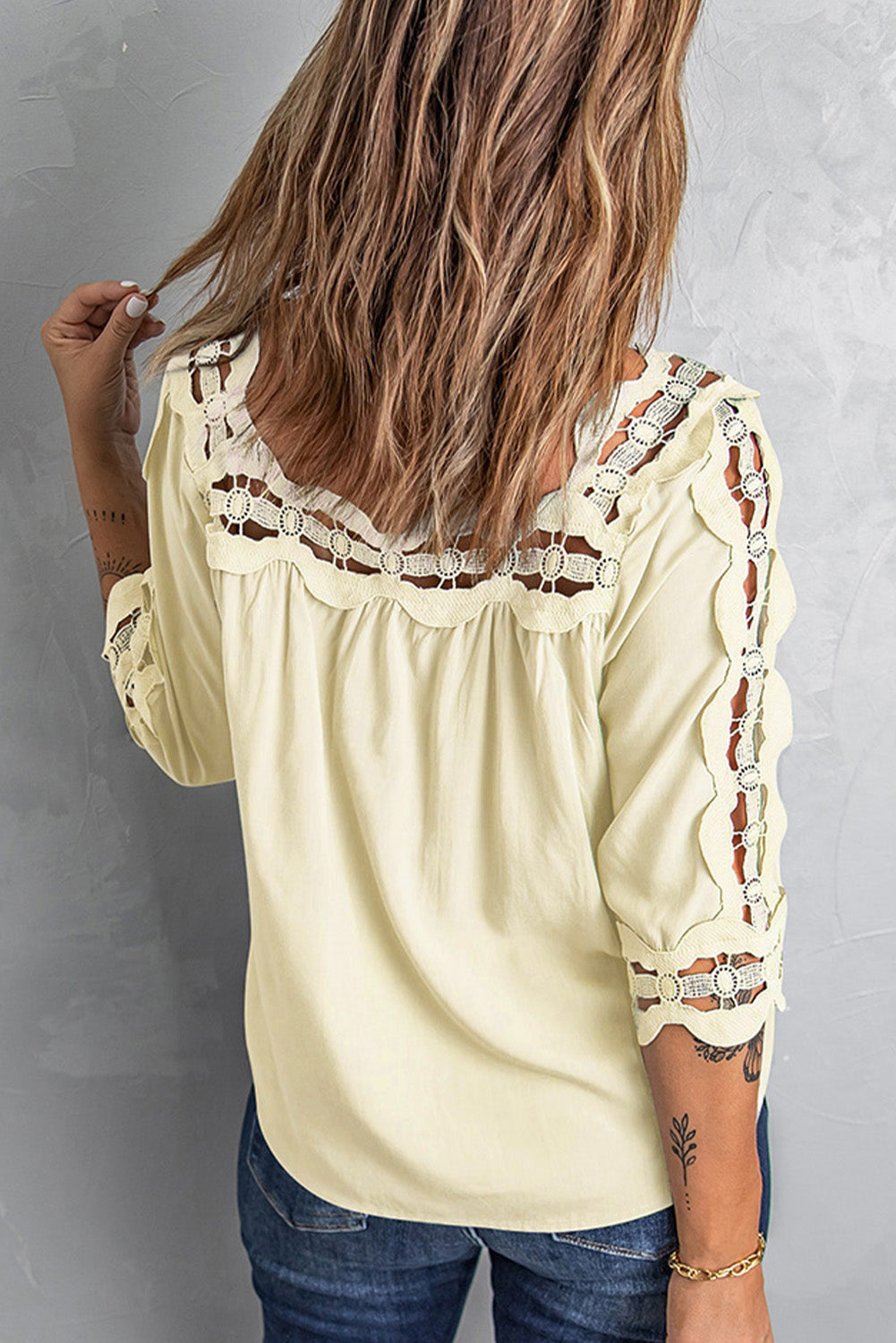 Crochet Openwork Three-Quarter Sleeve Blouse