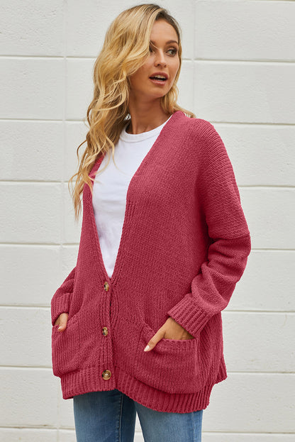 Button Front Plunge Cardigan with Front Pockets