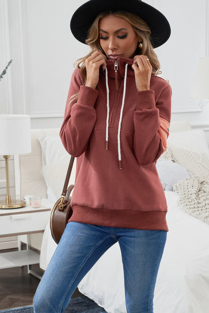 Half Zip Patch Pocket Drawstring Hoodie