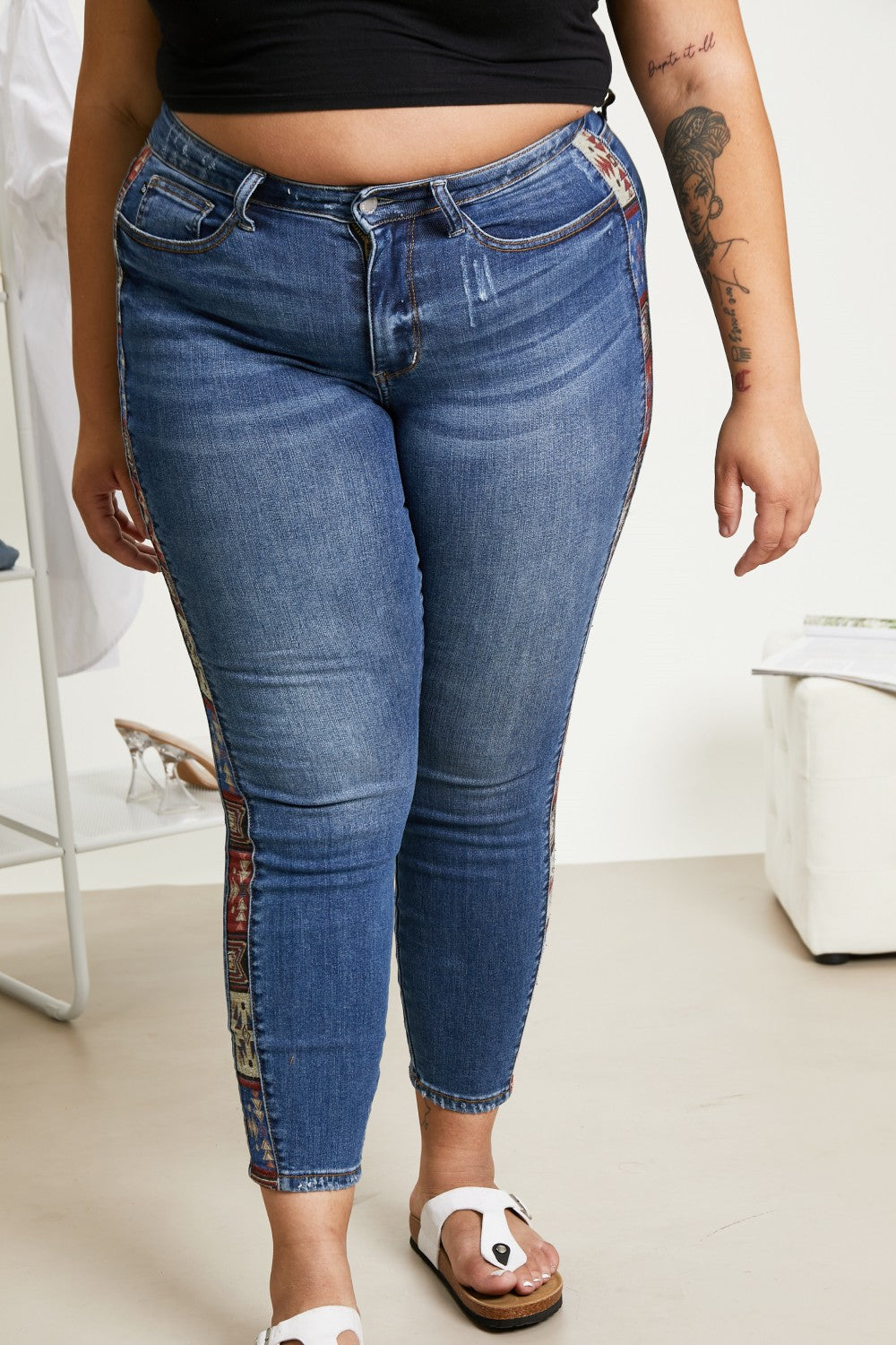 Judy Blue Andie Full Size Geometric Print Trim Mid-Rise Relaxed Jeans