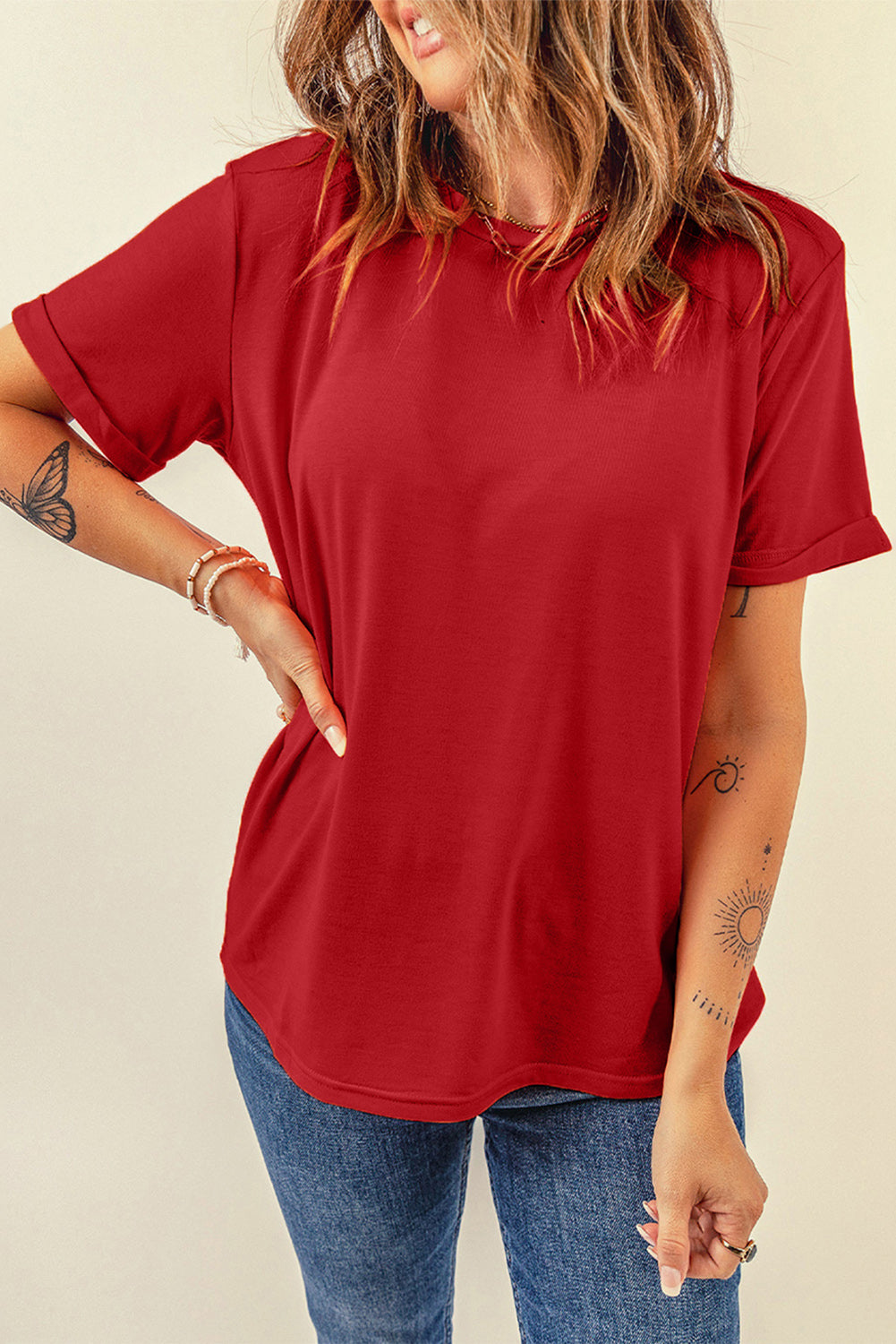 Round Neck Cuffed Short Sleeve Tee