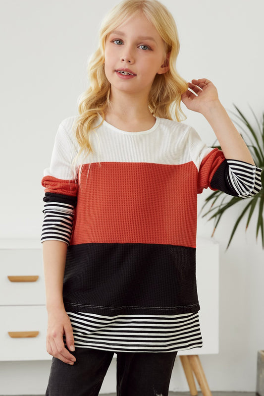 Kids Striped Color Block Waffle-Knit Long Sleeve Top
