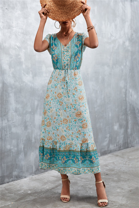 Bohemian V-Neck Short Sleeve Midi Dress