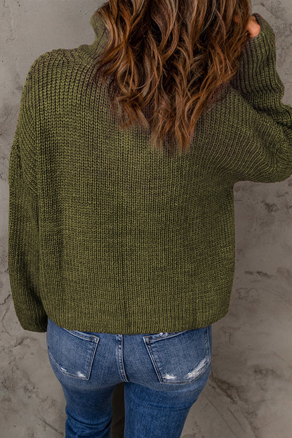 Half Zip Rib-Knit Dropped Shoulder Sweater