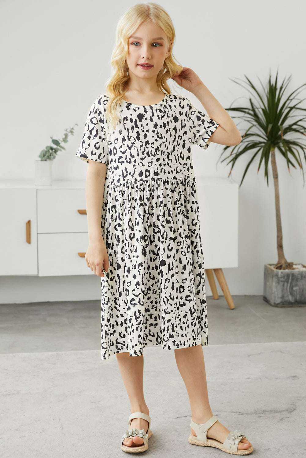 Girls Leopard Round Neck Dress