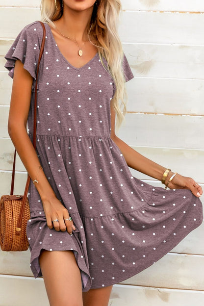 Polka Dot V-Neck Flutter Sleeve Mini Dress