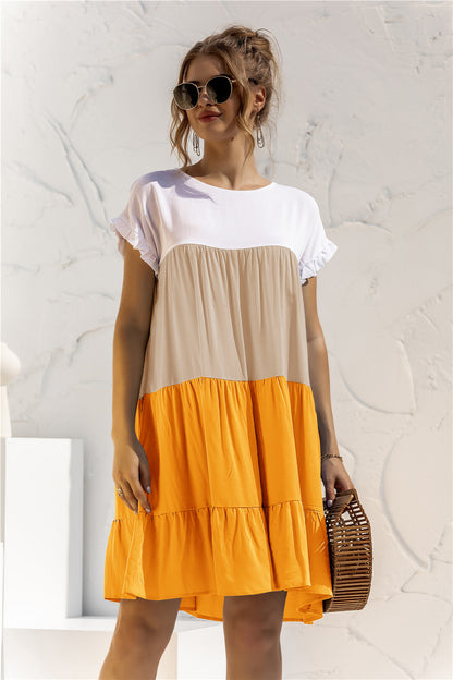 Color Block Round Neck Ruffle Hem Dress