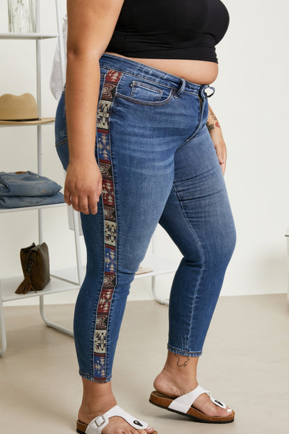 Judy Blue Andie Full Size Geometric Print Trim Mid-Rise Relaxed Jeans