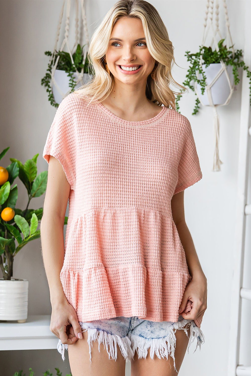 Waffle-Knit Buttoned Ruffle Hem Top