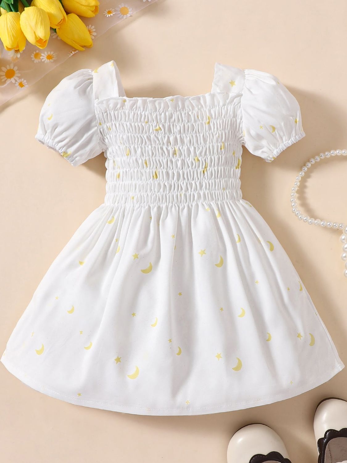 Baby Girl Printed Square Neck Smocked Dress