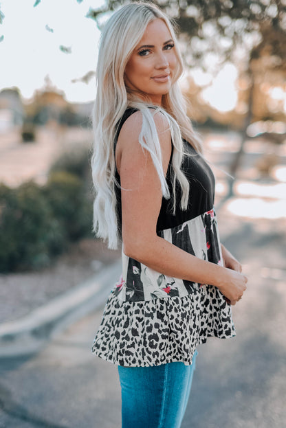 Leopard Floral Color Block V-Neck Tank Top