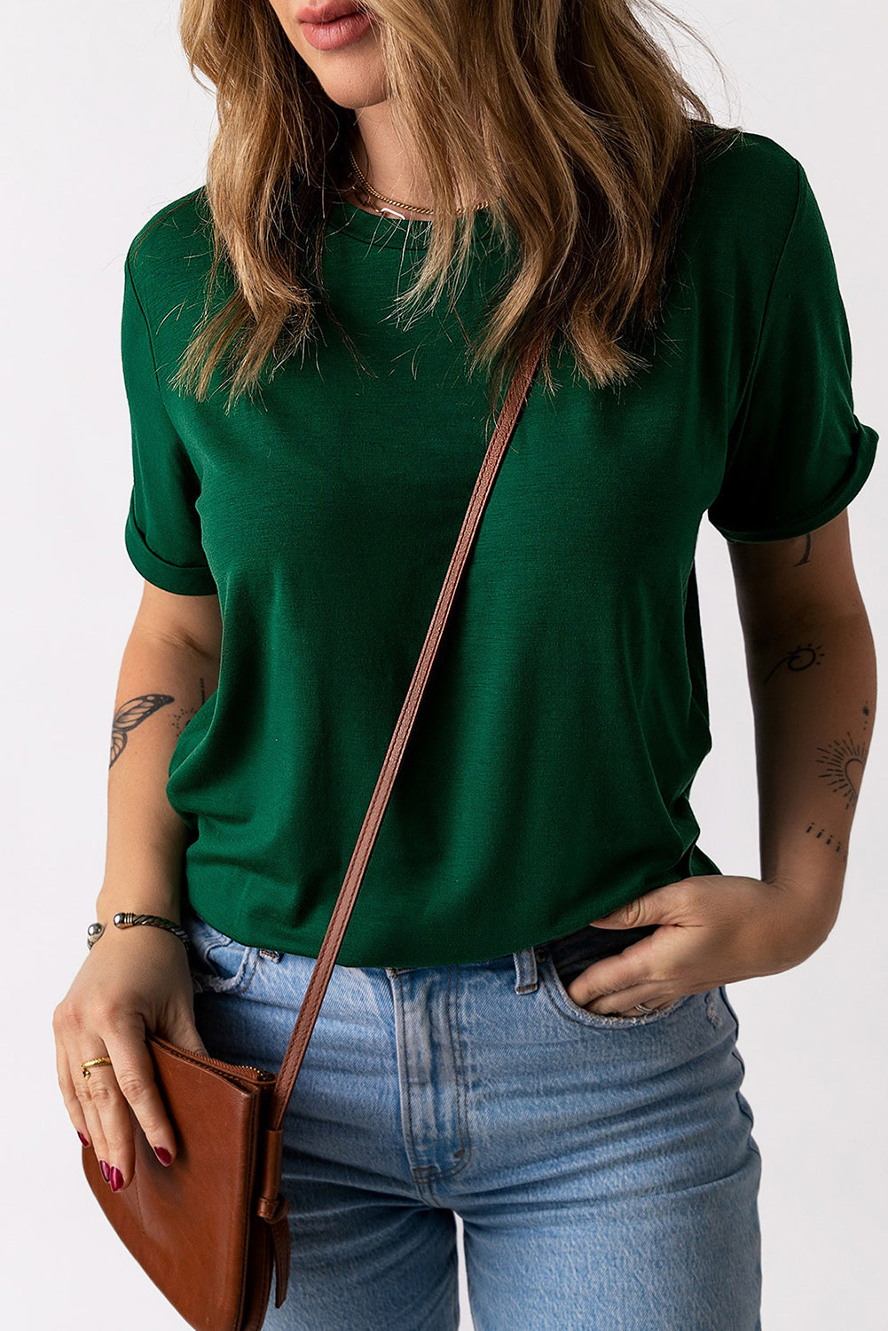 Round Neck Cuffed Short Sleeve Tee