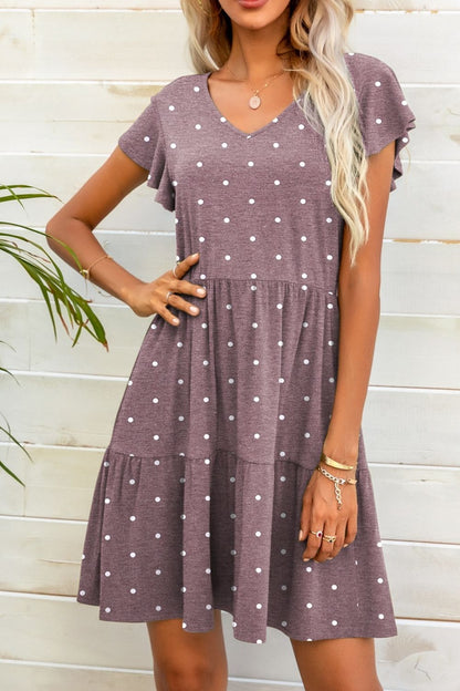 Polka Dot V-Neck Flutter Sleeve Mini Dress