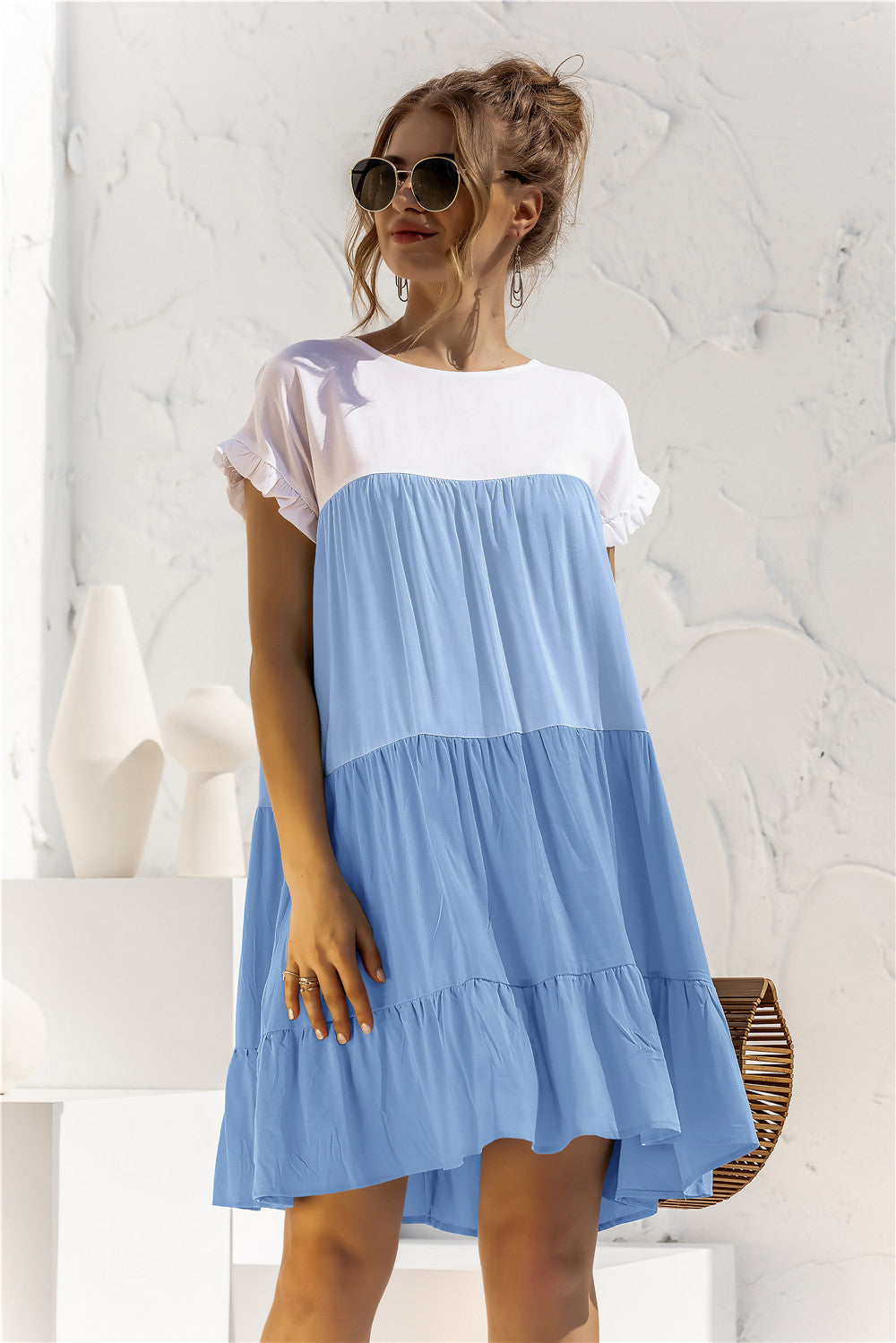 Color Block Round Neck Ruffle Hem Dress