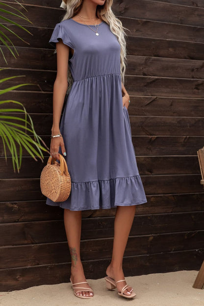 Round Neck Ruffle Hem Pocket Dress